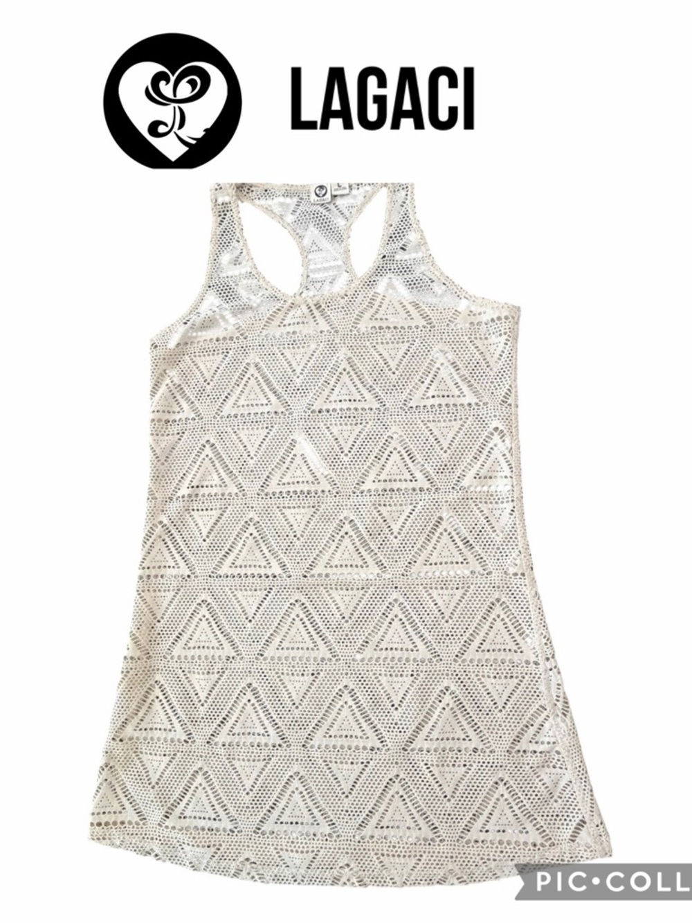 Lagaci women racer back crochet swim cover up mini dress beige cream size large